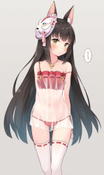 Rule 34 | ..., 1girl, animal ear fluff, animal ears, arms behind back, azur lane, black hair, blunt bangs, blush, commentary request, fox mask, frown, gluteal fold, grey background, jewelry, long hair, looking at viewer, mask, mask on head, nagato (azur lane), nagato (great fox&#039;s respite) (azur lane), navel, necklace, panties, red panties, ribbon-trimmed legwear, ribbon trim, see-through, side-tie panties, simple background, solo, spaghetti strap, spoken ellipsis, strap slip, sweatdrop, thigh gap, thighhighs, underwear, very long hair, white thighhighs, yamasan, yellow eyes