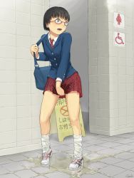 Rule 34 | 1girl, artist name, bag, bathroom, between legs, black hair, blue eyes, blue jacket, blush, clenched hand, crying, embarrassed, female focus, flat chest, full body, glasses, hand between legs, hand up, have to pee, heel up, indoors, jacket, japanese text, long sleeves, loose socks, miniskirt, necktie, open mouth, original, pee, peeing, peeing self, plaid, plaid skirt, pleated skirt, puddle, red-framed eyewear, red footwear, red necktie, red skirt, school uniform, shiny skin, shirt, shoes, short hair, sign, signature, skirt, socks, solo, standing, steam, striped necktie, striped neckwear, tears, translation request, wet, wet clothes, white shirt, white socks, yzk