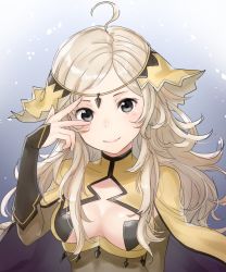 Rule 34 | 1girl, ahoge, blonde hair, blue background, cape, center opening, closed mouth, fire emblem, fire emblem fates, gradient background, grey eyes, haru (nakajou-28), long hair, nintendo, ophelia (fire emblem), parted bangs, simple background, smile, solo, upper body