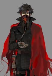 Rule 34 | 1boy, black eyes, black hair, buttons, cape, coat, collared coat, crimo, emiya kiritsugu, fate/zero, fate (series), gas mask, grey background, looking at viewer, male focus, mask, necktie, outstretched hand, red cape, simple background, solo, tube, upper body, vial