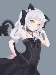 Rule 34 | 1girl, animal ear fluff, animal ears, arched back, bare arms, bare shoulders, black bow, black choker, black dress, blunt bangs, bow, breasts, cat ears, cat girl, cat tail, center frills, choker, closed mouth, collarbone, cowboy shot, criss-cross halter, dress, dress bow, ear down, frilled bow, frilled choker, frilled dress, frills, furrowed brow, grey background, hair bow, hair intakes, halterneck, hand on own hip, hand to own mouth, hand up, highres, hololive, long hair, murasaki shion, murasaki shion (gothic lolita), quad tails, ryoya, short eyebrows, sidelocks, simple background, sleeveless, sleeveless dress, small breasts, solo, striped clothes, striped dress, tail, tail bow, tail ornament, tail raised, vertical-striped clothes, vertical-striped dress, virtual youtuber, wavy hair, white hair, yellow eyes