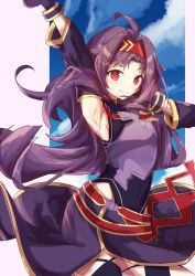 Rule 34 | 1girl, ahoge, arm up, armor, armpits, breastplate, closed mouth, covered navel, detached sleeves, elun (elun 00), gloves, hairband, highres, leotard, leotard under clothes, long hair, looking at viewer, purple gloves, purple hair, red eyes, red hairband, smile, sword art online, yuuki (sao)