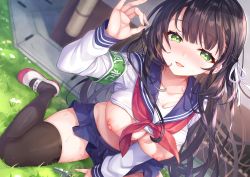 Rule 34 | 1girl, :d, arm up, armband, black hair, black thighhighs, blue skirt, blush, breasts, breasts out, cleavage, collarbone, day, fingernails, green eyes, hair ribbon, highres, large breasts, long fingernails, long hair, long sleeves, looking at viewer, miniskirt, nipples, no bra, nose blush, on grass, open mouth, original, otosume ruiko, outdoors, ribbon, safety pin, school uniform, serafuku, shirt, shoes, skirt, smile, solo, thighhighs, uwabaki, whistle, white footwear, white ribbon, white shirt