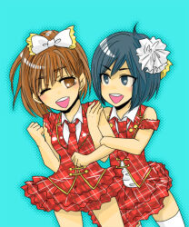 2girls akb48 black_eyes black_hair blue_background bow brown_hair collared_shirt dress grabbing_another&#039;s_arm jacket maeda_atsuko multiple_girls necktie one_eye_closed open_mouth plaid_clothes plaid_jacket plaid_necktie shirt short_hair socks takahashi_minami_(singer) torawon white_bow white_dress white_socks