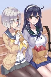 Rule 34 | 10s, 2girls, bag, bench, black hair, blue eyes, blush, breasts, brown eyes, cardigan, eating, food, gloves, hair ornament, hair over one eye, hairclip, hamakaze (kancolle), highres, kantai collection, large breasts, long hair, looking at viewer, md5 mismatch, mizuumi (bb), multiple girls, open cardigan, open clothes, pantyhose, paper bag, resolution mismatch, revision, school uniform, serafuku, short hair, silver hair, sitting, smile, source smaller, sweet potato, ushio (kancolle)
