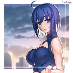 Rule 34 | 1girl, ahoge, blue dress, blue eyes, blue hair, blush, border, breasts, ciel (tsukihime), cleavage cutout, clothing cutout, cloud, commentary, dress, hair between eyes, highres, kotera ryou, large breasts, looking at viewer, open mouth, outside border, powered ciel, reaching, reaching towards viewer, short hair, sky, sleeveless, sleeveless dress, smile, solo, sunlight, tsukihime, tsukihime (remake), twitter username, upper body, white border