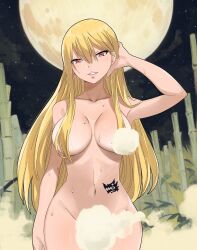 Rule 34 | 1girl, blonde hair, breasts, collarbone, completely nude, convenient censoring, fairy tail, gaston18, hair between eyes, hair over breasts, highres, large breasts, lips, long hair, looking at viewer, mashima hiro, moon, navel, nude, red eyes, selene (fairy tail), smile, steam, steam censor, stomach, stomach tattoo, tattoo, thighs, wide hips