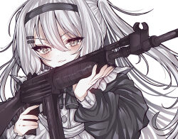 Rule 34 | 1girl, apron, black dress, black hairband, black nails, blush, codename jaroa, commentary request, dress, fingernails, grey eyes, grey hair, gun, hair ornament, hairband, hairclip, highres, holding, holding gun, holding weapon, long fingernails, long hair, long sleeves, looking at viewer, nail polish, original, parted lips, puffy long sleeves, puffy sleeves, simple background, solo, two side up, waist apron, weapon, weapon request, white apron, white background