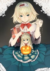 Rule 34 | 1girl, alice margatroid, aqua eyes, blonde hair, book, bow, capelet, female focus, hairband, highres, holding, holding book, jack-o&#039;-lantern, jewelry, looking at viewer, puppet rings, puppet strings, ring, settyaro, shanghai doll, smile, solo, touhou