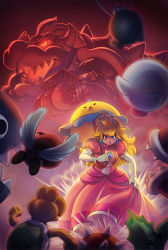 Rule 34 | 1girl, angry, blonde hair, blue eyes, bob-omb, boo (mario), breasts, cage, chain chomp, claws, crown, dress, earrings, elbow gloves, epic, gem, gloves, glowing, glowing eyes, goomba, highres, horns, jewelry, koopa troopa, long dress, long hair, luigi, mario, mario (series), nintendo, open mouth, piranha plant, princess, princess peach, rabi-chan, spiny, super princess peach, umbrella, wings