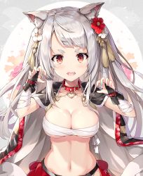 Rule 34 | 1girl, :d, animal ears, azur lane, bandaged arm, bandages, black cape, blush, breasts, bridal gauntlets, buckle, budget sarashi, cape, chest sarashi, claw pose, cleavage, collar, fang, fingernails, floral background, flower, hair flower, hair ornament, heart, highres, large breasts, long hair, looking at viewer, multicolored nails, nail polish, navel, open mouth, petals, red eyes, red flower, rin yuu, sarashi, shiny skin, silver hair, smile, solo, sparkling eyes, spiked collar, spikes, stomach, swept bangs, tareme, tassel, thick eyebrows, two side up, underboob, upper body, v-shaped eyebrows, very long hair, white flower, wolf ears, yuudachi (azur lane), yuudachi (shogun of snowballs) (azur lane)