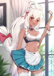 Rule 34 | 1girl, :d, apron, armpit crease, bare arms, blue skirt, bow, breasts, choker, cleavage, cowboy shot, crop top, dark-skinned female, dark skin, floating hair, frilled choker, frilled shirt, frills, garter straps, granblue fantasy, hair between eyes, hair bow, hair ornament, highres, holding, long hair, low-tied long hair, maid, maid apron, medium breasts, midriff, miniskirt, navel, open mouth, pleated skirt, red eyes, revealing clothes, revision, shirt, skirt, sleeveless, sleeveless shirt, smile, solo, standing, stomach, thighhighs, uneg, very long hair, waist apron, white hair, white thighhighs, wrist cuffs, zettai ryouiki, zooey (granblue fantasy)