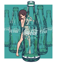 Rule 34 | 1girl, absurdres, arimoto wataru, bottle, breasts, brown eyes, brown hair, closed mouth, coca-cola, completely nude, highres, looking at viewer, medium breasts, mini person, nude, original, soda bottle, solo, standing