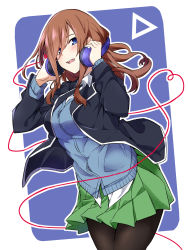 Rule 34 | 1girl, arm behind back, black jacket, black pantyhose, blue cardigan, blue eyes, blush, breasts, brown hair, can, cardigan, closed mouth, collared shirt, commentary request, dress shirt, drink can, falling petals, go-toubun no hanayome, green skirt, hair between eyes, headphones, headphones around neck, highres, jacket, kagari liroi, large breasts, long hair, long sleeves, looking at viewer, miniskirt, nakano miku, pantyhose, petals, pleated skirt, shirt, skirt, smile, soda, soda can, standing, white shirt