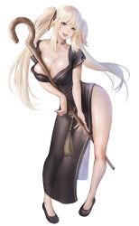 Rule 34 | 1girl, absurdres, bare legs, between breasts, black dress, black footwear, blonde hair, blue eyes, breasts, china dress, chinese clothes, cleavage, collarbone, commentary, dress, full body, hair ribbon, happy, head tilt, high heels, highres, holding, holding staff, jewelry, kurone rinka, large breasts, leaning forward, long dress, long hair, looking at viewer, low neckline, mabinogi, nao (mabinogi), necklace, off shoulder, open mouth, ribbon, shadow, shepherd&#039;s crook, short sleeves, side slit, sidelocks, simple background, single bare shoulder, smile, staff, standing, thighs, twintails, very long hair, white background
