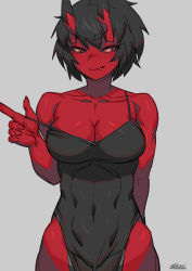 Rule 34 | 1girl, black dress, black hair, breasts, cleavage, colored skin, covered abs, cowboy shot, dress, fang, fang out, fingernails, grey background, horns, kidouko (zakusi), large breasts, looking at viewer, naughty face, navel, oni, original, pelvic curtain, red oni, red skin, seductive smile, short hair, signature, simple background, slit pupils, smile, solo, strap pull, toned, zakusi