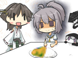 Rule 34 | 0 0, 10s, 2girls, abyssal ship, ahoge, aoba (kancolle), bad food, blush stickers, brown hair, censored, censored food, chibi, curry, curry rice, detached sleeves, empty eyes, food, goma (gomasamune), gradient background, hair ornament, hairband, hiei (kancolle), hood, kantai collection, md5 mismatch, multiple girls, nervous, nontraditional miko, open mouth, plate, ponytail, purple eyes, purple hair, re-class battleship, rice, school uniform, serafuku, short hair, silver hair, simple background, smile, spoon, sweat, tears, wavy mouth, | |