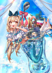 Rule 34 | 1girl, :d, anniversary, beach umbrella, beads, blonde hair, blue sky, blush, bow hairband, bracelet, brown eyes, commentary, cropped shirt, cup, curtains, fine (sennen sensou aigis), gem, hairband, holding, holding spoon, in container, in cup, jewelry, looking at viewer, low twintails, mermaid, monster girl, off shoulder, open mouth, palm leaf, partially submerged, pearl (gemstone), pinstripe pattern, puffy short sleeves, puffy sleeves, seashell, sennen sensou aigis, shell, short sleeves, signature, sky, smile, solo, spoon, striped, suou sakura, teaspoon, twintails, umbrella