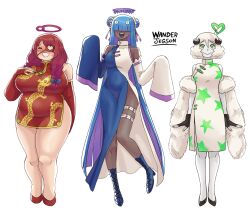 3girls arm_behind_back belt black_gloves black_horns blue_hair breasts china_dress chinese_clothes closed_mouth colored_skin commentary dark_skin dress english_commentary english_text eyepatch fingerless_gloves full_body gloves green_eyes grey_skin halo highres horns large_breasts long_bangs long_hair looking_at_viewer medium_breasts multiple_girls open_mouth original pink_hair plump purple_hair purple_halo red_hair simple_background sleeves_past_fingers sleeves_past_wrists standing straight-on thick_thighs thigh_belt thigh_strap thighs wanderjegson white_background