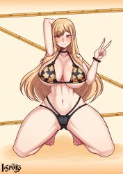 Rule 34 | absurdres, alternate breast size, arm behind head, arm up, artist name, bikini, black bikini, black choker, blonde hair, blush, breasts, choker, collarbone, eyebrows, eyelashes, fingernails, flower print, full body, hand up, heel up, highres, huge breasts, ilustretsspoks, kitagawa marin, kneeling, long fingernails, long hair, looking at viewer, nail polish, navel, pink eyes, pink nails, print bikini, simple background, smile, sono bisque doll wa koi wo suru, swimsuit, thick thighs, thighs, toenail polish, toenails, toes, v, yellow background