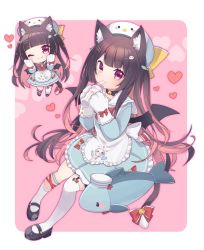 Rule 34 | 1girl, ;3, animal ear fluff, animal ears, animal hands, aruya (flosrota), baby bottle, bell, beret, black footwear, black wings, blue dress, blush, bottle, bow, brown hair, cat ears, cat girl, cat tail, chibi, closed mouth, commission, demon wings, dress, drinking, fang, fang out, gloves, hair ornament, hairclip, hat, heart, heart background, holding, holding bottle, jingle bell, long hair, long sleeves, mary janes, multiple views, one eye closed, original, paw gloves, pink background, red bow, red eyes, sailor collar, sailor dress, shoes, single sock, single thighhigh, skeb commission, socks, stuffed animal, stuffed fish, stuffed toy, tail, tail bell, tail bow, tail ornament, thighhighs, two-tone background, two side up, very long hair, white background, white gloves, white headwear, white sailor collar, white thighhighs, wings