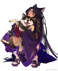 Rule 34 | absurdly long hair, animal ears, arknights, black hair, dog, dress, highres, japanese clothes, latutou1, long hair, pants, purple dress, purple pants, saga (arknights), simple background, socks, solo, squatting, very long hair, white background, white socks