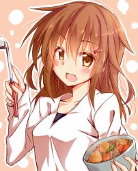 Rule 34 | 10s, 1girl, alternate hair length, alternate hairstyle, blush, brown eyes, brown hair, fang, food, hair ornament, hairclip, ikazuchi (kancolle), kantai collection, ladle, long hair, looking at viewer, narumiya (empty cafe), aged up, open mouth, pink background, solo