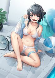 Rule 34 | 1girl, absurdres, ahoge, arknights, ball, ball gag, bare shoulders, barefoot, bdsm, beachball, bikini, black eyes, black hair, blush, breasts, cleavage, collarbone, commission, covered erect nipples, double bun, drooling, feather hair, frilled bikini, frills, gag, gagged, gagged (willingly), grey jacket, hair bun, hair ornament, hairclip, highres, innertube, jacket, la pluma (arknights), la pluma (summer flowers) (arknights), long sleeves, looking at viewer, medium breasts, megaphone, navel, official alternate costume, on floor, open clothes, open jacket, photoshop (medium), plant, potted plant, puddle, saliva, short hair, sidelocks, sitting, solo, stomach, swim ring, swimsuit, t zhonglang, thigh strap, tile floor, tiles, variant set, water, white bikini, wing hair ornament
