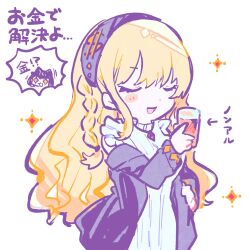 Rule 34 | 1girl, black headband, blonde hair, blush, closed eyes, cup, denonbu, dollar sign, hairband, headband, highres, holding, holding cup, jacket, jewelry, kiato, long hair, long sleeves, necklace, open clothes, open jacket, open mouth, shirokane aki, simple background, smile, solo, sparkle, white background