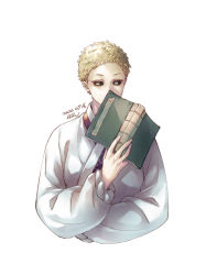Rule 34 | androgynous, black sclera, blonde hair, book, colored sclera, gui fa, holding, holding book, jigokuraku, looking at viewer, open book, robe, short hair, simple background, solo, upper body, ushi 424, white background, white robe