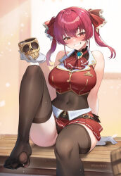 Rule 34 | 1girl, arm behind back, ascot, bare shoulders, belt, blush, breasts, brooch, cleavage, commentary, covered navel, cropped vest, cup, dokuro-kun (houshou marine), feet, foot out of frame, gloves, gold trim, grin, heterochromia, highres, holding, holding cup, hololive, houshou marine, houshou marine (1st costume), jewelry, knee up, large breasts, legs, leotard, long hair, miniskirt, no shoes, pleated skirt, raijuu (bakanara), red ascot, red eyes, red hair, red skirt, see-through, see-through cleavage, sitting, skirt, skull cup, smile, solo, teeth, thighhighs, thighs, toes, twintails, variant set, vest, virtual youtuber, white gloves, yellow eyes