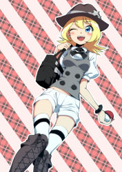 Rule 34 | 10s, 1girl, alternate costume, alternate hair color, alternate hair length, alternate hairstyle, bag, blonde hair, blue eyes, blush, boots, breasts, creatures (company), cross-laced footwear, game freak, hakkaku shikimi, hat, knee boots, lace-up boots, messenger bag, midriff, nintendo, one eye closed, open mouth, poke ball, pokemon, pokemon xy, serena (pokemon), short hair, short shorts, shorts, shoulder bag, small breasts, smile, solo, thigh gap, thighhighs, vest, white thighhighs, wink