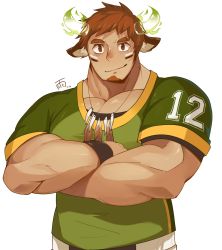 Rule 34 | 1boy, american football uniform, animal ears, bara, blush, brown eyes, brown hair, cow boy, cow ears, cow horns, crossed arms, dark-skinned male, dark skin, facial hair, feather necklace, fiery horns, forked eyebrows, glowing horns, goatee, green shirt, hachi duchi, highres, horns, large pectorals, looking at viewer, pectoral cleavage, male focus, muscular, muscular male, pectorals, shirt, short hair, short sleeves, smile, solo, spiked hair, sportswear, thick eyebrows, tight clothes, tight shirt, tokyo houkago summoners, wakan tanka