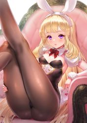 Rule 34 | 1girl, alternate costume, animal ears, ass, black pantyhose, blonde hair, blush, bow, bowtie, breasts, cagliostro (granblue fantasy), card, detached collar, detached sleeves, fake animal ears, granblue fantasy, highres, leotard, long hair, pantyhose, parted lips, playboy bunny, playing card, puffy sleeves, purple eyes, rabbit ears, signature, sitting, small breasts, solo, yapo (croquis side)