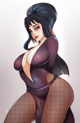 Rule 34 | 1girl, arms behind back, black hair, blue eyes, breasts, cleavage, elvira, elvira: mistress of the darkness, female focus, gradient background, large breasts, long hair, looking at viewer, pantyhose, smile, solo, standing, superboin, white background