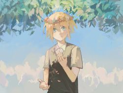 Rule 34 | 1boy, basil (faraway) (omori), basil (omori), blackwh01396023, blonde hair, blue eyes, closed mouth, collared shirt, dated, day, green sweater vest, happy birthday, highres, looking at viewer, omori, outdoors, shirt, short hair, short sleeves, smile, solo, sweater vest, upper body, white shirt