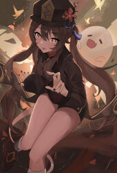 Rule 34 | 1girl, absurdres, black nails, black shorts, boo tao (genshin impact), brown hair, chinese clothes, commentary request, flower, flower-shaped pupils, genshin impact, ghost, hat, hat ornament, higashiwun izumi, highres, hu tao (genshin impact), long hair, long sleeves, looking at viewer, plum blossoms, porkpie hat, red eyes, red shirt, shirt, shorts, sidelocks, symbol-shaped pupils, thighs, tongue, tongue out, twintails