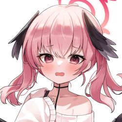 Rule 34 | 1girl, black wings, blue archive, blush, halo, head wings, highres, koharu (blue archive), looking at viewer, nannung, open mouth, pink eyes, pink hair, pink halo, portrait, simple background, single bare shoulder, sleeves past wrists, solo, sweater, white background, white sweater, wings