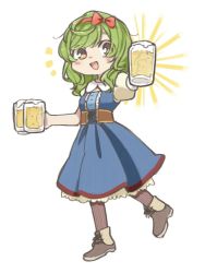 Rule 34 | 1girl, :d, alcohol, ankle boots, bad id, bad twitter id, beer, blue dress, boots, bow, commentary request, cup, dress, drinking glass, full body, green hair, hair bow, hairband, holding, holding cup, kochiya sanae, looking at viewer, open mouth, orange eyes, puffy short sleeves, puffy sleeves, purple legwear, red bow, ribbed legwear, sasa kichi, short sleeves, simple background, smile, solo, standing, standing on one leg, touhou, white background