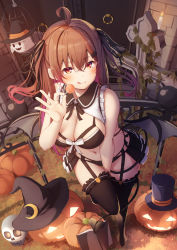 Rule 34 | 1girl, :q, ahoge, bare arms, bare shoulders, between legs, bikini, black bikini, black skirt, black thighhighs, breasts, brown hair, candy, cleavage, closed mouth, demon girl, demon tail, demon wings, food, frills, from above, garter belt, garter straps, hair ribbon, halloween, halloween costume, hand up, hat, holding, large breasts, leg up, lollipop, long hair, looking at viewer, low wings, miniskirt, nyan (reinyan 007), orange eyes, original, pleated skirt, revealing clothes, ribbon, showgirl skirt, shrug (clothing), skirt, sleeveless, smile, solo, standing, standing on one leg, string bikini, swimsuit, tail, thigh strap, thighhighs, tongue, tongue out, top hat, two side up, wing collar, wings, witch hat