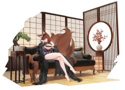 Rule 34 | 1girl, amagi (azur lane), barefoot, couch, dress, flower, full body, highres, looking at viewer, solo, standing, tail, tree, twitter, white background, zhaimao mao