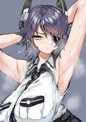 1girl armpits arms_up blush breast_pocket breasts checkered_clothes checkered_necktie datto_3 eyepatch headgear kantai_collection large_breasts looking_at_viewer necktie pocket purple_hair shiny_skin shirt short_hair sleeveless sleeveless_shirt solo sweat tenryuu_(kancolle) tenryuu_kai_ni_(kancolle) white_shirt yellow_eyes