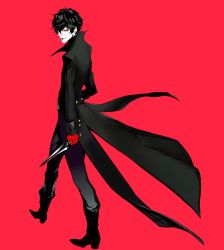 Rule 34 | 10s, 1boy, amamiya ren, arm at side, black hair, boots, buttons, coat, coattails, colored skin, floating clothes, from side, full body, gloves, half-closed eyes, hand on own hip, high collar, highres, holding, holding knife, knife, lips, long sleeves, looking at viewer, looking back, male focus, mid4yellow, no eyewear, no mask, pants, persona, persona 5, red background, red eyes, red gloves, simple background, smirk, solo, walking, white skin