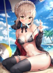 Rule 34 | 1girl, absurdres, ale nqki, artoria pendragon (all), artoria pendragon (alter swimsuit rider) (fate), artoria pendragon (alter swimsuit rider) (second ascension) (fate), artoria pendragon (fate), ball, bare shoulders, beach, beachball, bikini, bikini top only, black bikini, black bow, black bowtie, black jacket, black ribbon, black thighhighs, blue sky, blurry, blurry background, blush, bow, bowtie, braid, breasts, bridal garter, brown hair, choker, cleavage, cloud, collarbone, commentary request, day, depth of field, fate/grand order, fate (series), food, food in mouth, french braid, frilled bikini, frilled bikini top, frilled choker, frills, hair between eyes, hair bun, hair ribbon, hand up, highres, jacket, long sleeves, looking at viewer, maid, maid bikini, maid headdress, medium breasts, melting, mouth hold, navel, ocean, off shoulder, open clothes, open jacket, palm tree, parasol, popsicle, red jacket, ribbon, saber alter, sand, shade, shiny skin, short hair, side-tie bikini bottom, sidelocks, single hair bun, sitting, sky, solo, stomach, strap pull, summer, sunlight, swimsuit, thighhighs, tree, umbrella, unconventional maid, water drop, wet, wet hair, white choker, yellow eyes, yokozuwari