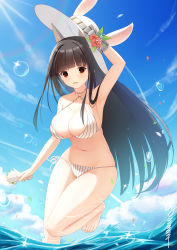 Rule 34 | 1girl, akagi (warship girls r), animal ears, bad id, bad pixiv id, bare legs, bikini, black hair, blue sky, blunt bangs, bouquet, breasts, bubble, cleavage, cloud, collarbone, commentary request, feet, flower, fox ears, hat, hat flower, hat ribbon, highres, hime cut, holding, holding bouquet, laoan, large breasts, legs, long hair, navel, o-ring, ocean, petals, red eyes, ribbon, signature, sky, solo, sparkle, standing, standing on one leg, striped bikini, striped clothes, sun, sun hat, sunlight, swimsuit, vertical stripes, warship girls r, water, white bikini