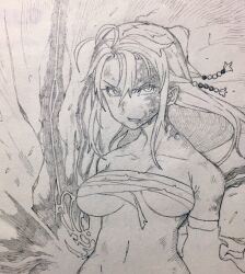 Rule 34 | 1girl, alternate costume, antenna hair, beads, blood, blood on face, breasts, chest sarashi, collarbone, detached sleeves, determined, dissolving, energy, floating hair, glaring, graphite (medium), greyscale, hair beads, hair ornament, highres, injury, large breasts, long hair, looking at viewer, monochrome, navel, open mouth, revealing clothes, sarashi, solo, stomach, toriniku29, torn clothes, traditional media, tsurumaki maki, upper body, v-shaped eyebrows, voiceroid