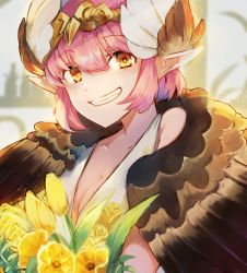 Rule 34 | 1girl, bouquet, breasts, circe (fate), cleavage, commentary request, fate/grand order, fate (series), flower, grin, hair wings, head wings, highres, holding, holding flower, looking at viewer, pink hair, pointy ears, portrait, short hair, sidelocks, small breasts, smile, solo, teeth, tengu style, wings, yellow eyes
