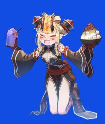 Rule 34 | 1girl, bare shoulders, blue background, body markings, breasts, bun cover, chiikawa, chiikawa (character), chinese clothes, cleavage, closed eyes, detached sleeves, double bun, earrings, facial mark, fate/grand order, fate (series), food, hair bun, highres, horn ornament, horns, ibaraki douji (fate), isagiyo, jewelry, jiangshi, jiangshi costume, kneeling, long hair, mochi, official alternate costume, ofuda, oni, oni horns, open mouth, pelvic curtain, pointy ears, sidelocks, simple background, small breasts, smile, wide sleeves