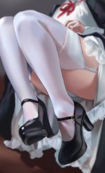 Rule 34 | 1girl, black footwear, blurry, blurry background, commentary, depth of field, english commentary, frills, garter straps, geiger, head out of frame, high heels, highres, legs, long sleeves, lower body, maid, neck ribbon, original, panties, pantyshot, pumps, ribbon, shoes, skirt, skirt set, solo, strappy heels, thighhighs, thighs, underwear, white panties, white thighhighs