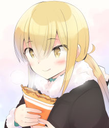 Rule 34 | 1girl, :q, black jacket, blonde hair, blush, crepe, food, fur trim, hair between eyes, holding, holding food, jacket, kantai collection, long hair, long sleeves, low twintails, satsuki (kancolle), sidelocks, simple background, solo, tongue, tongue out, twintails, upper body, yellow eyes, yuasa makoto